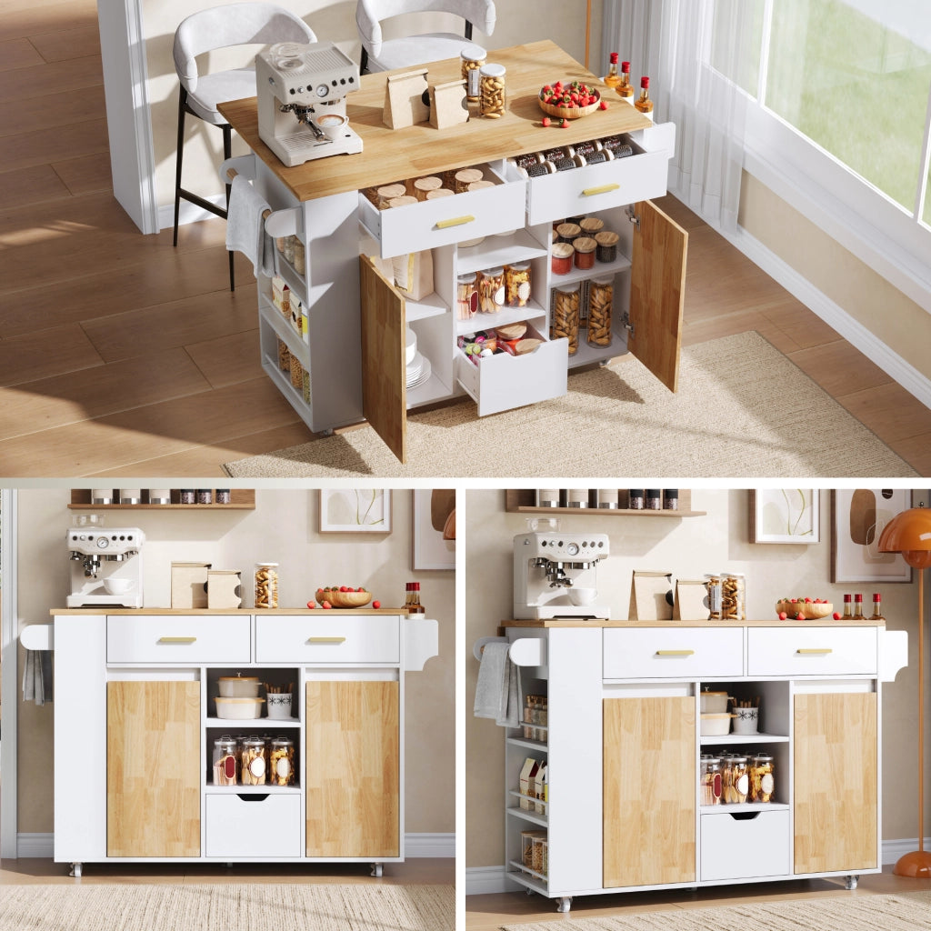Isola da cucina mobile con piano ribaltabile; 3 cassetti e portaspezie a 3 livelli; bianco; 120x45(71)x90 cm