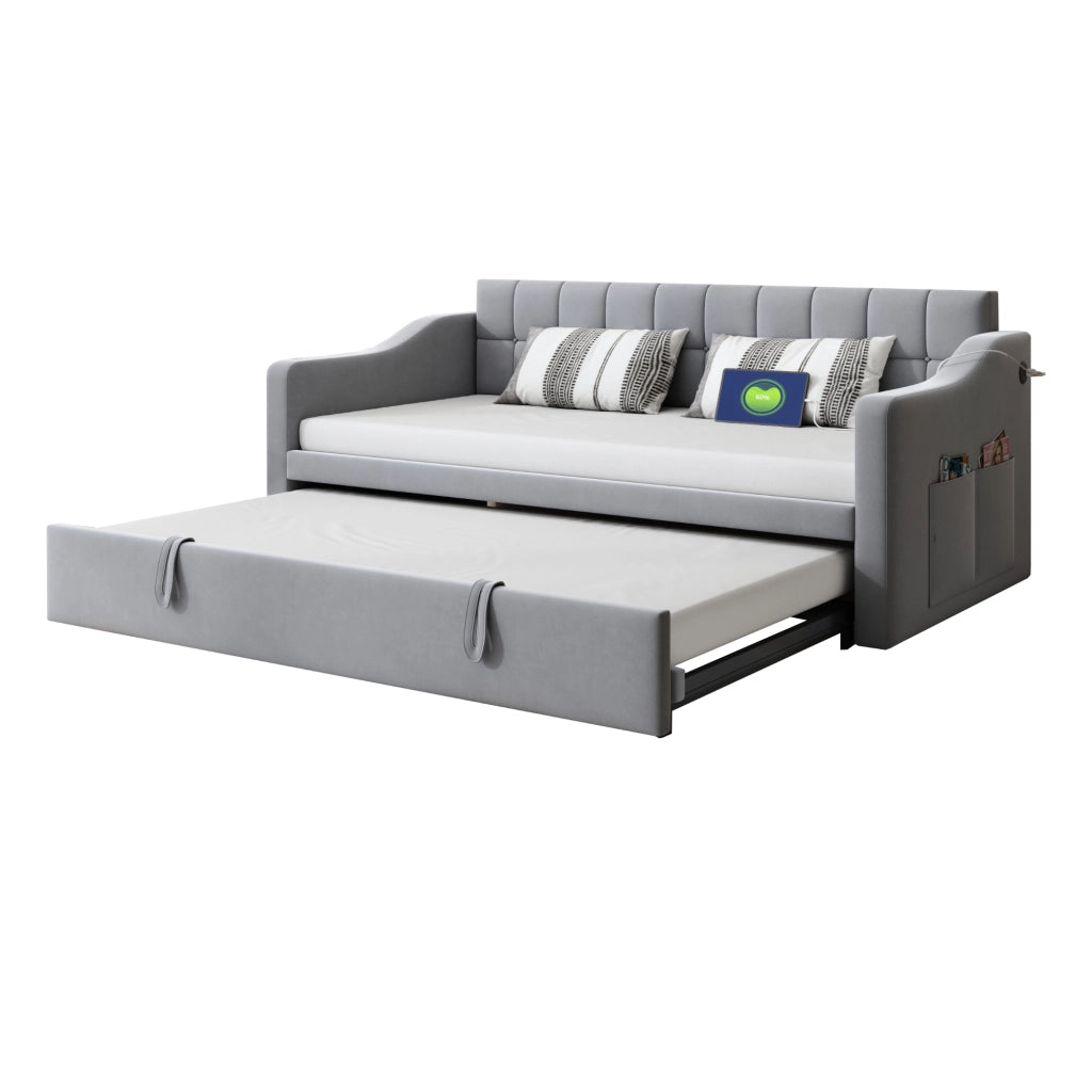 Divano letto 2 in 1 da 90 a 180 x 190 cm con presa, divano letto imbottito in velluto con tasca portaoggetti e reti, grigio chiaro, stabile