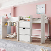 Letto alto bianco in pino con vani di stoccaggio e zona intrattenimento 90x200 cm