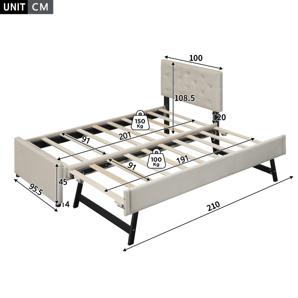 DESMIU Letto estraibile Letto singolo 90 × 200 cm 1 posto con letto aggiuntivo, senza materasso, velluto, beige