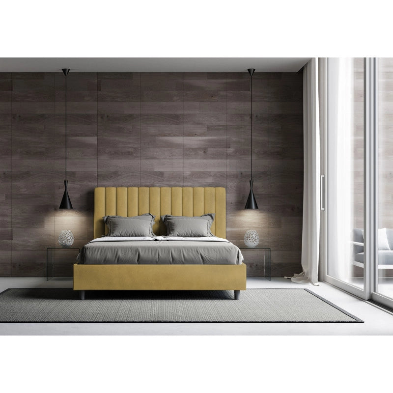 Letto imbottito Piazza e mezzo 130x200 cm Agueda - Con rete,Microfibra,Ocra