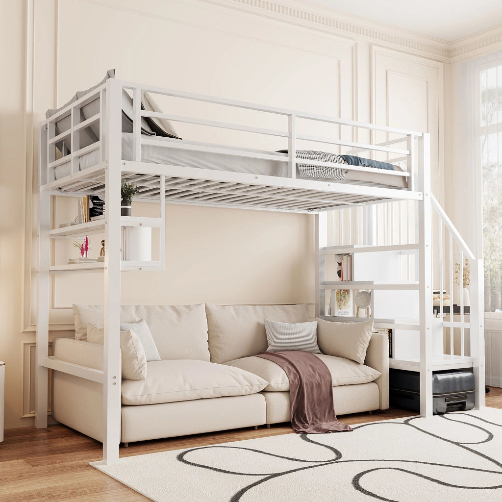 Letto a Soppalco 90x200 cm in metallo con Ripiani Bianco