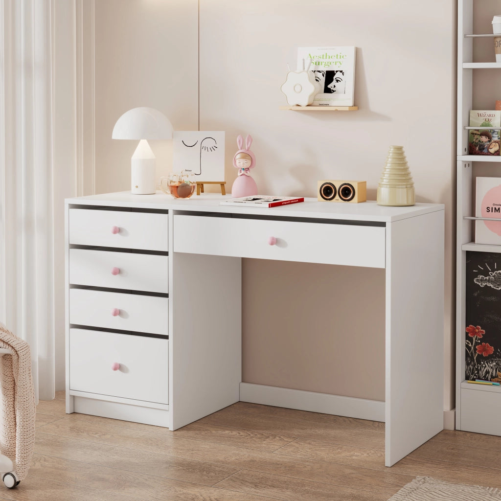 Desviae Scrivania lineare con libreria per bambini e adulti 5 cassetti 4 ripiani aperti lavagna colore bianco