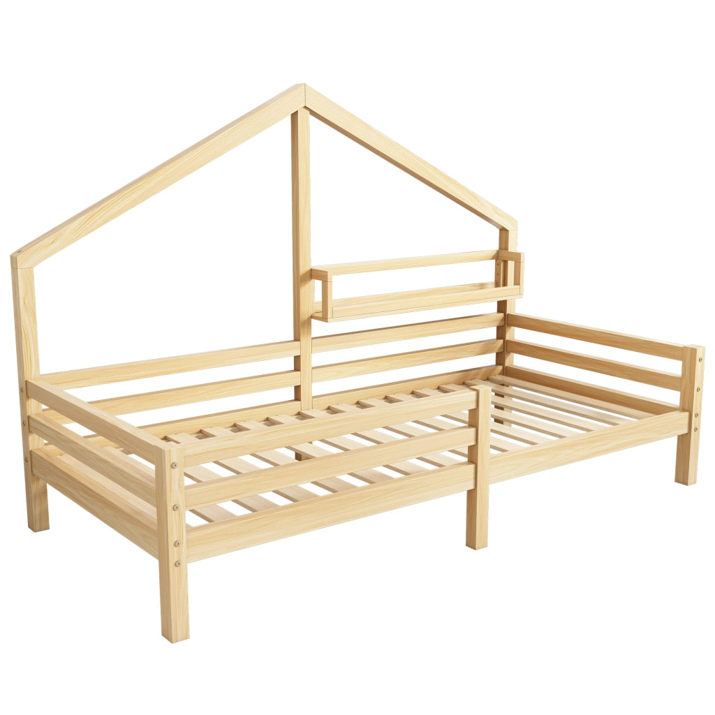 Letto a casetta 90 × 200 cm con libreria posteriore in legno di pino naturale e barriera anticaduta con 15 doghe
