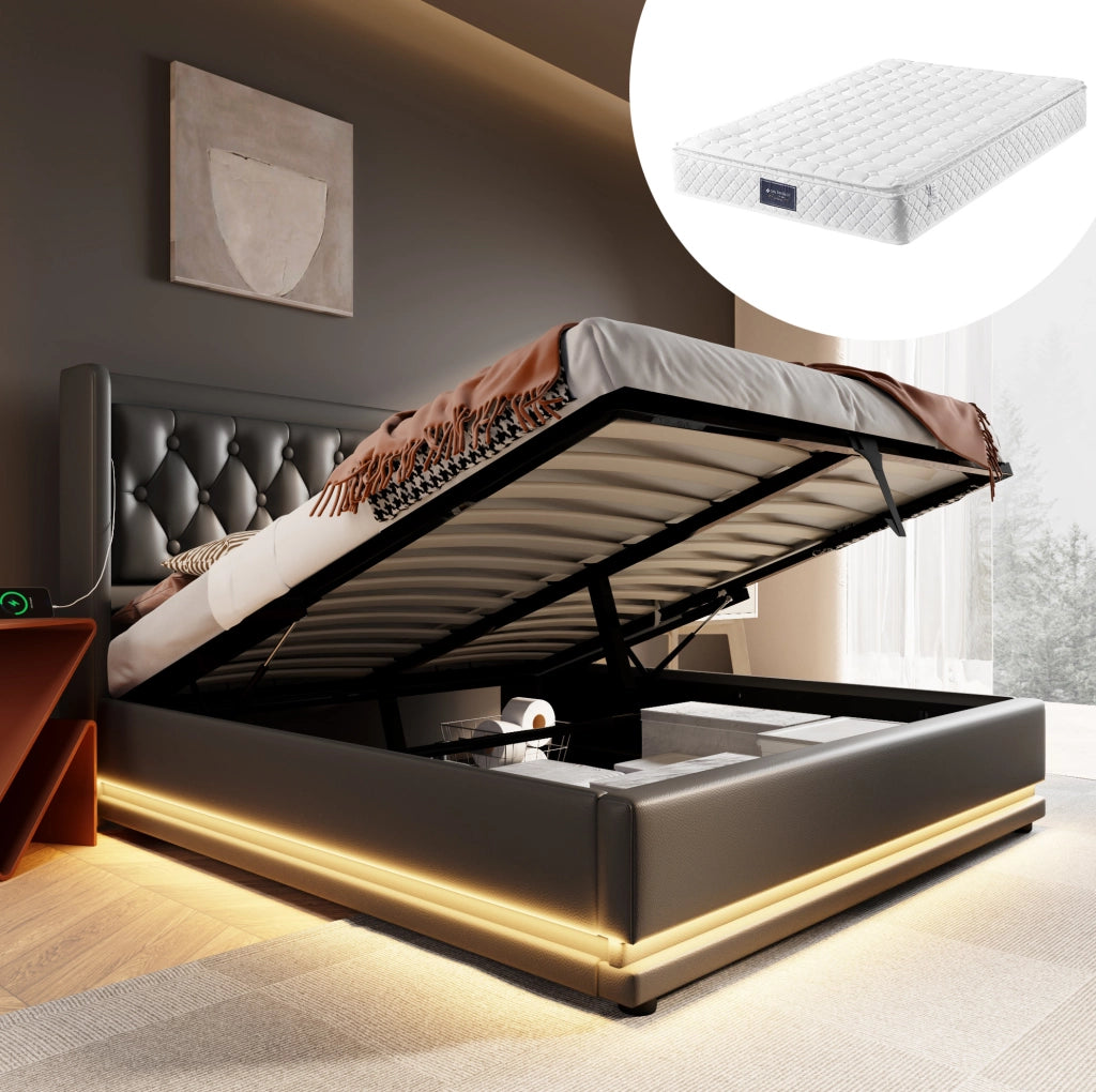 Letto matrimoniale 140x200 cm con materasso, LED e USB-C