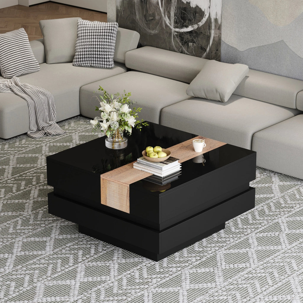 Tavolino da salotto quadrato 70x70x39 cm in MDF nero con piano estraibile e spazio contenitore nascosto