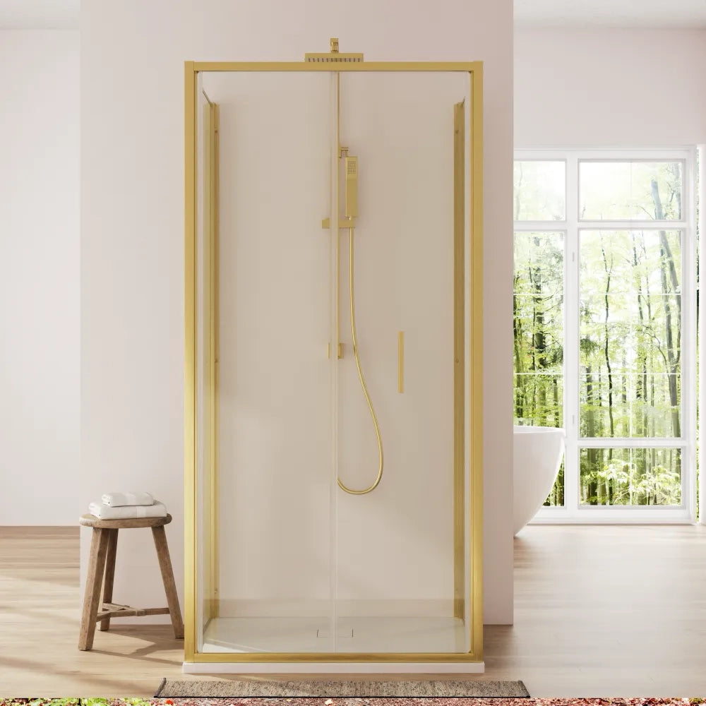 Box doccia 3 lati 90x75x90cm con porta a libro profili oro spazzolato vetro 6mm trasparente anticalcare h190| Portofino