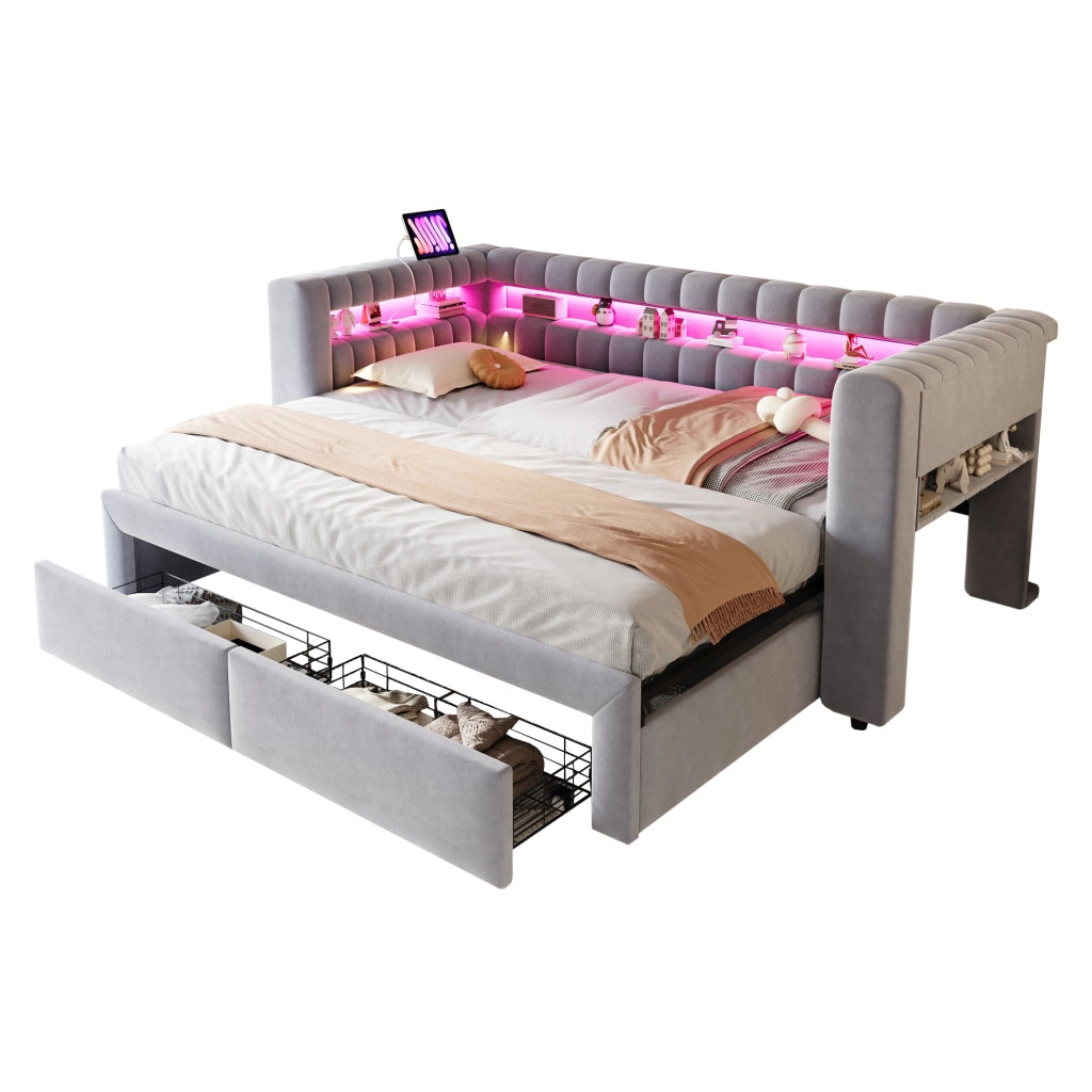 Letto divano estraibile 90 × 190 cm e 180 × 190 cm con 2 cassetti; LED regolabile e USB; senza materasso; grigio chiaro