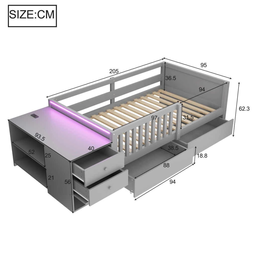 Letto per bambini 90 x 200 cm - letto singolo con contenitore, scrivania, 2 cassetti, ripiani, presa, LED e sponda di sicurezza - legno e MDF - grigio