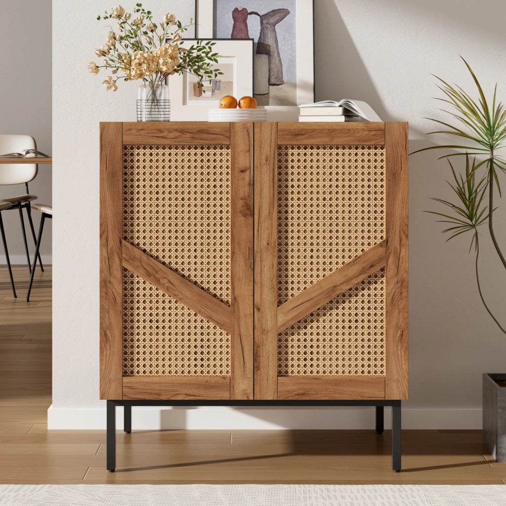 Credenza 70 cm 2 ante con 2 ripiani regolabili in truciolare e rattan PE per soggiorno e ingresso colore naturale