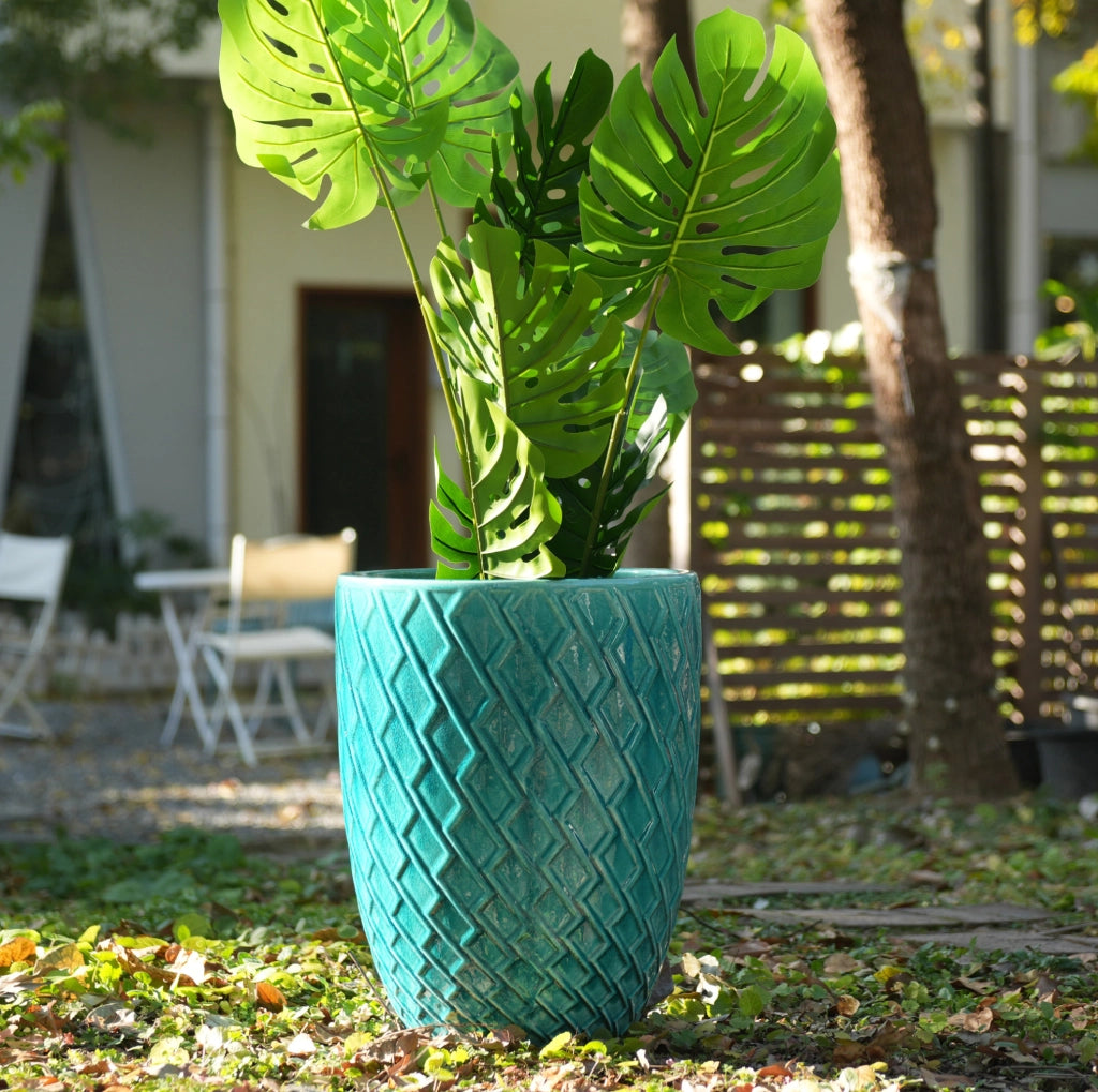 Grande Vaso in Ceramica Artigianale, 42 cm di Diametro × 54 cm di Altezza, Blu Ciano Lucido con Motivo a Rombo, Traspirante e Resistenti al Gelo con Fori di Drenaggio