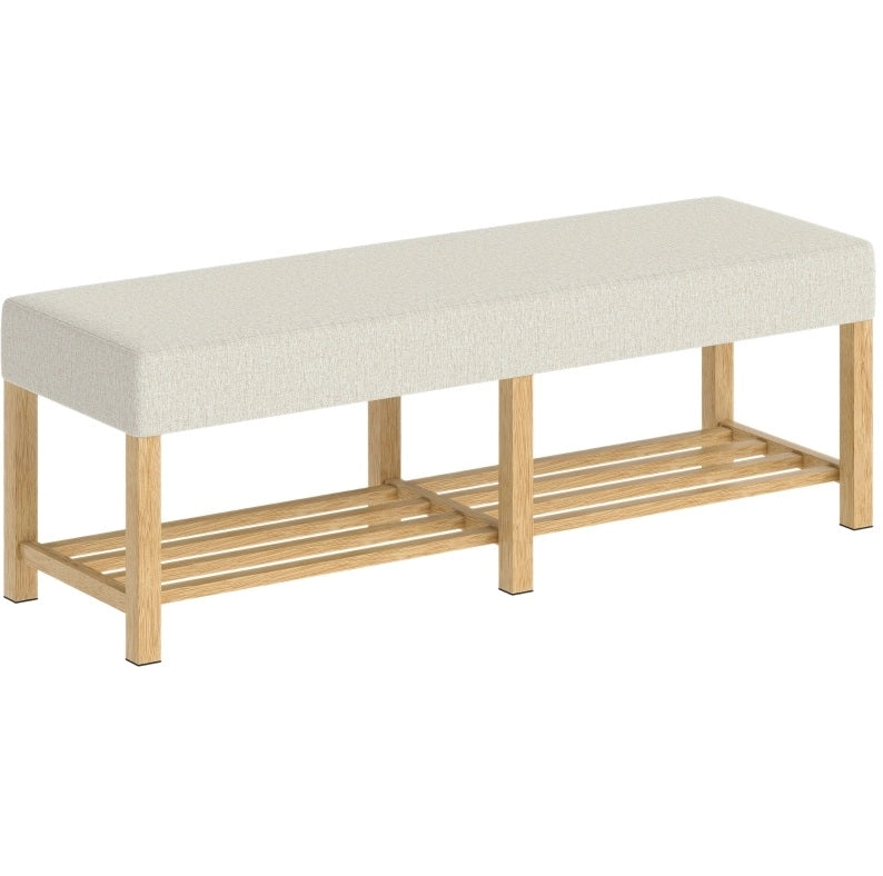 Panca portascarpe da ingresso 140 cm in legno di gomma con cuscino crema e vano aperto