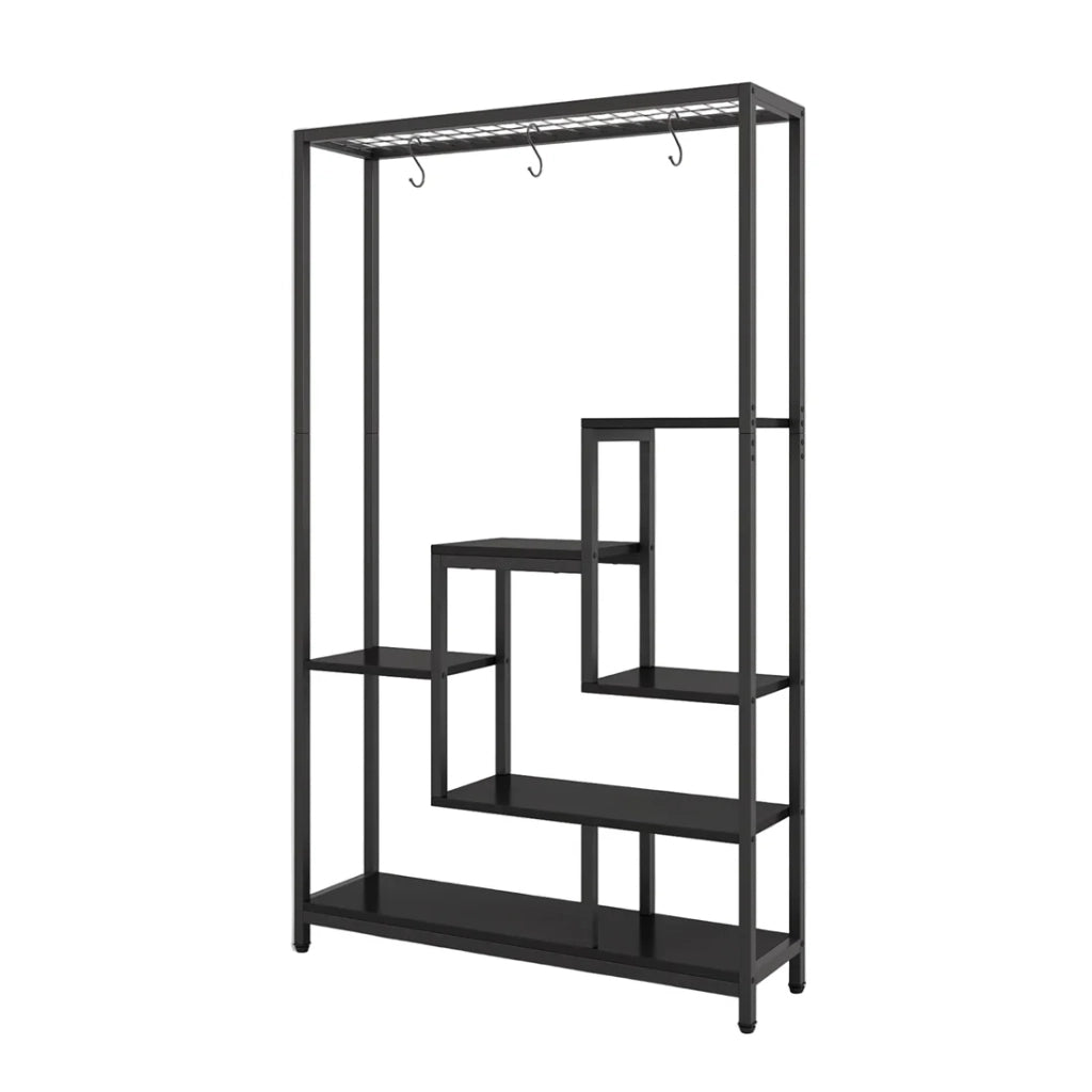 Scaffale con ripiani e ganci per piante; libri e decorazioni; metallo e legno; nero 108×37×19 cm