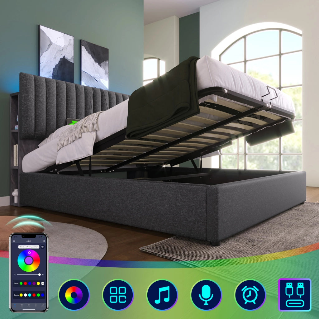 Letto matrimoniale imbottito 140 ¡Á 200 cm con contenitore LED USB Type-C in lino grigio con rete a doghe