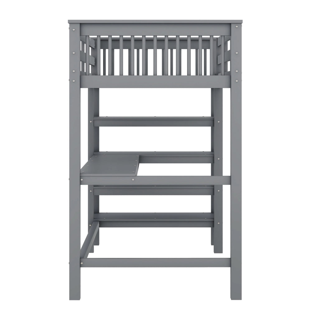 Letto a soppalco 90x200 cm con scrivania e ripiani; grigio