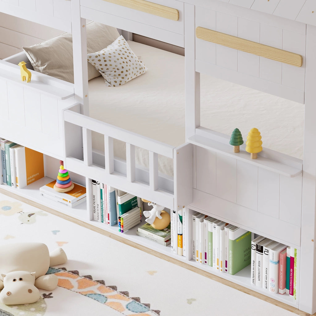Letto a soppalco per bambini 90 × 200 cm con libreria integrata, senza materasso, in legno e MDF bianco