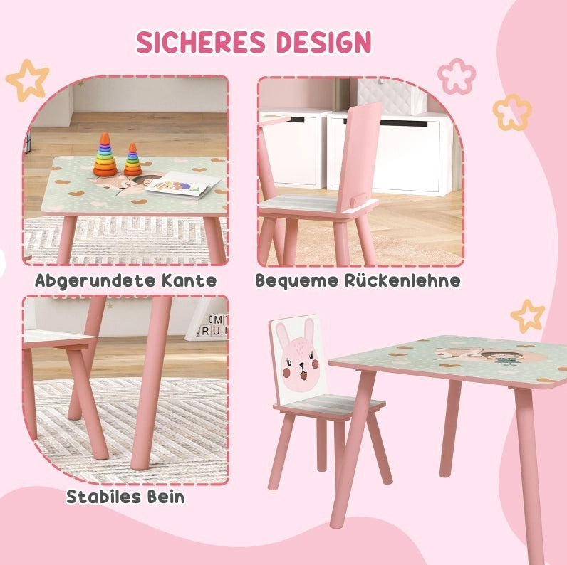 Set tavolo e 2 sedie per bambini in pino, rosa