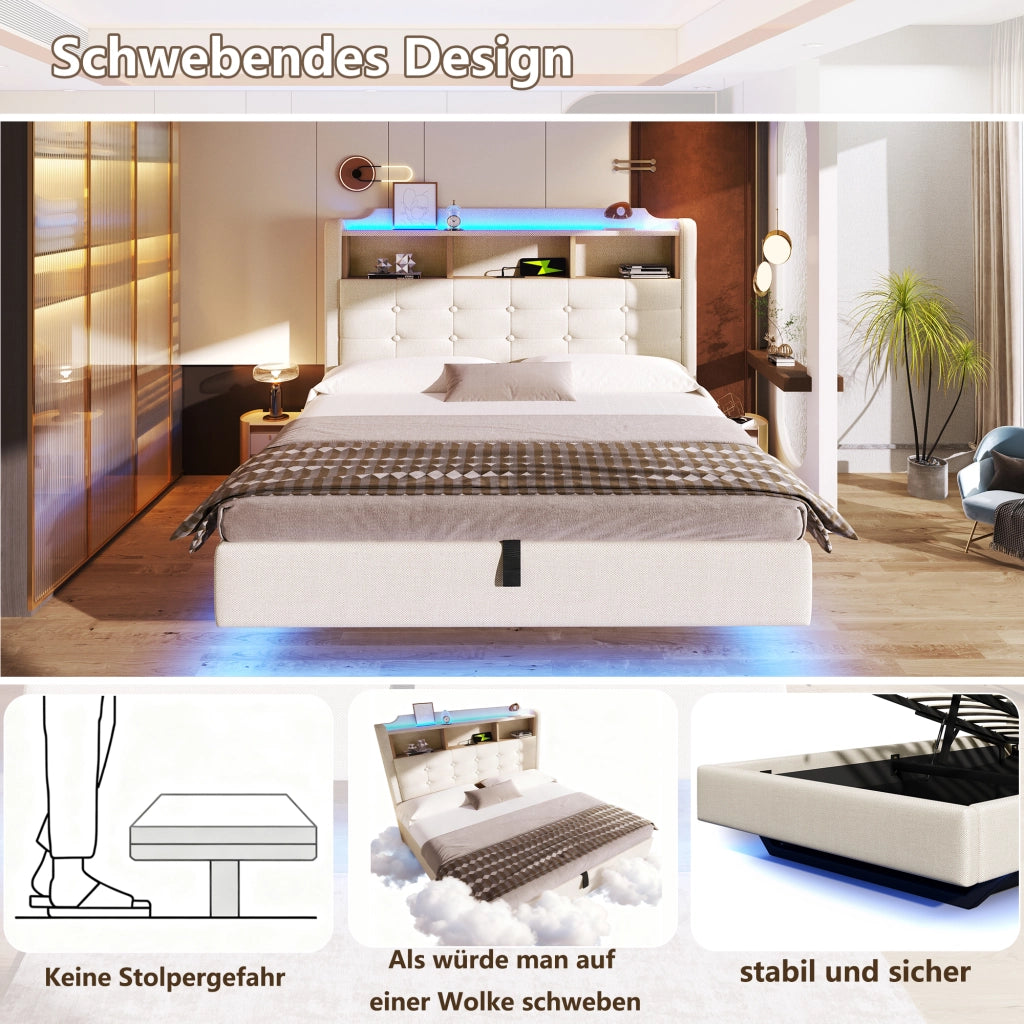Letto matrimoniale 140 × 200 cm 2 posti con contenitore idraulico; LED; USB e porta tipo C; senza materasso; beige