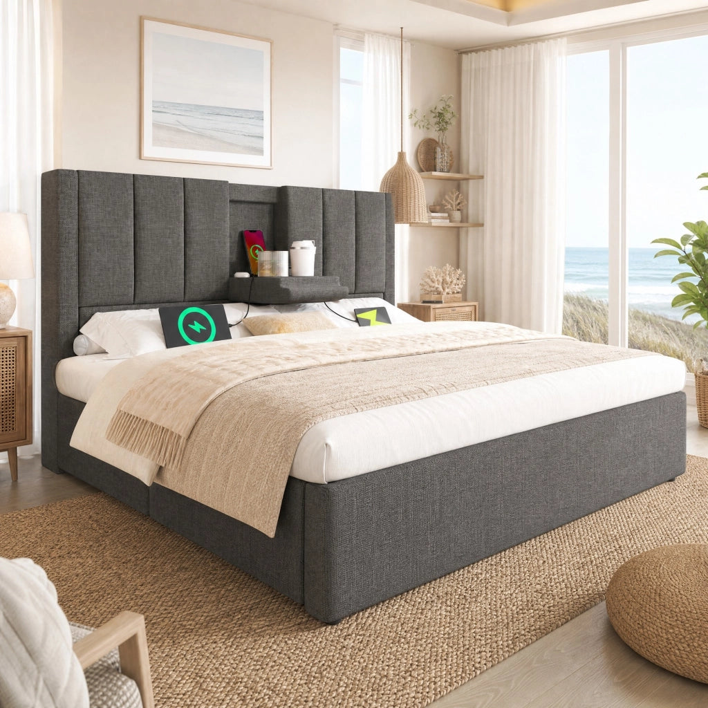 Letto contenitore imbottito 160x200 cm con USB; Type-C e portabicchieri a scomparsa; lino grigio