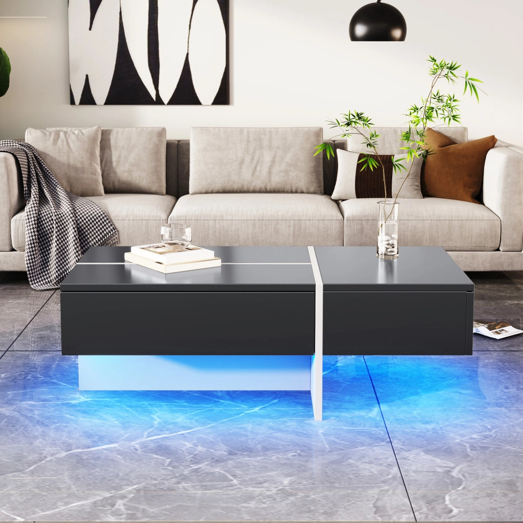 Tavolino da caff猫 nero lucido con LED controllabile tramite app e 3 cassetti