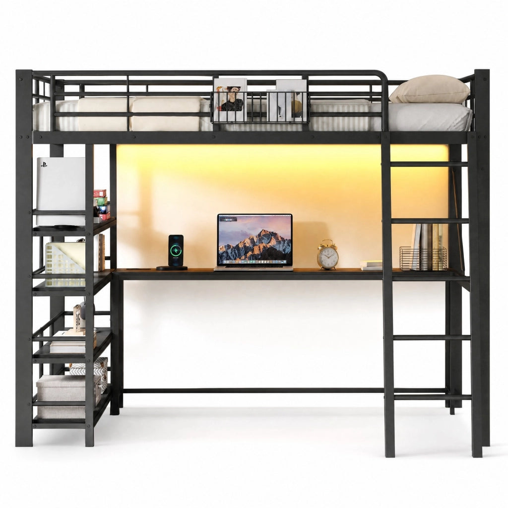 Letto a soppalco 140 × 200 cm con scrivania ripiani LED USB in metallo e MDF nero