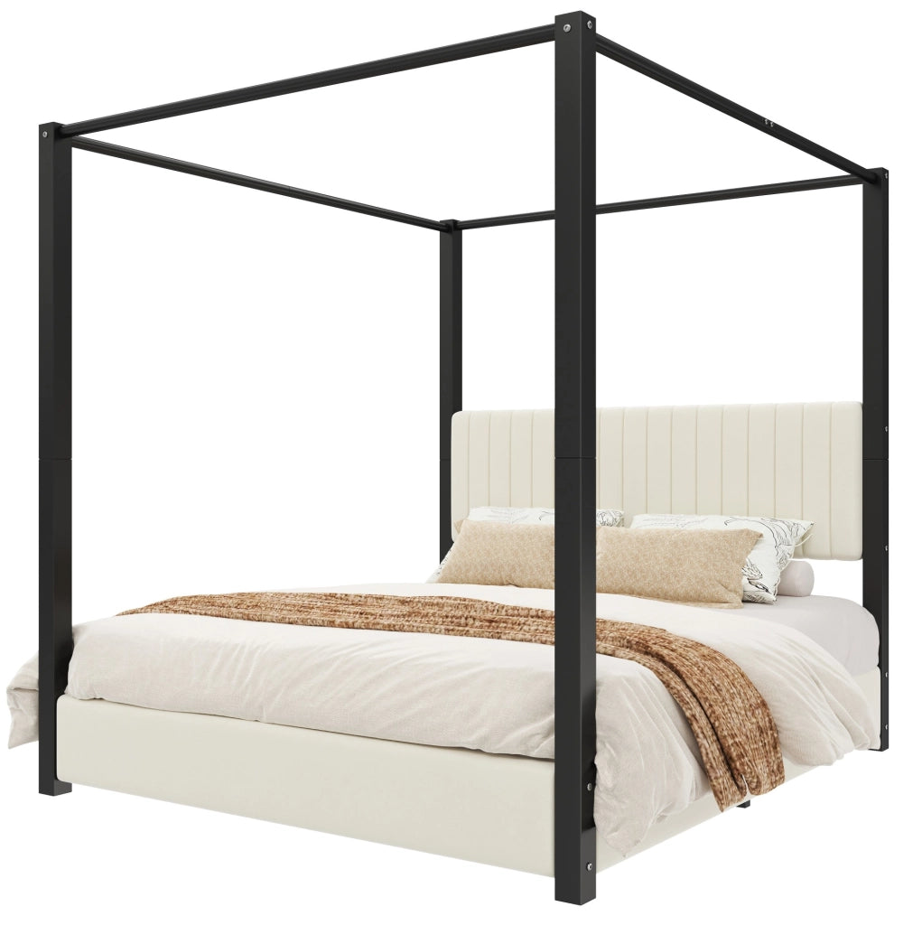 Letto a baldacchino imbottito 180×200 cm in velluto beige e nero