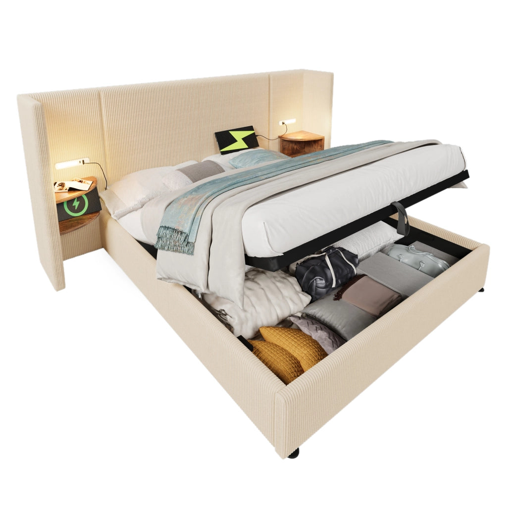 Letto matrimoniale 180×200 cm 2 posti con contenitore; mensole; luci da lettura USB e Type-C; senza materasso; beige