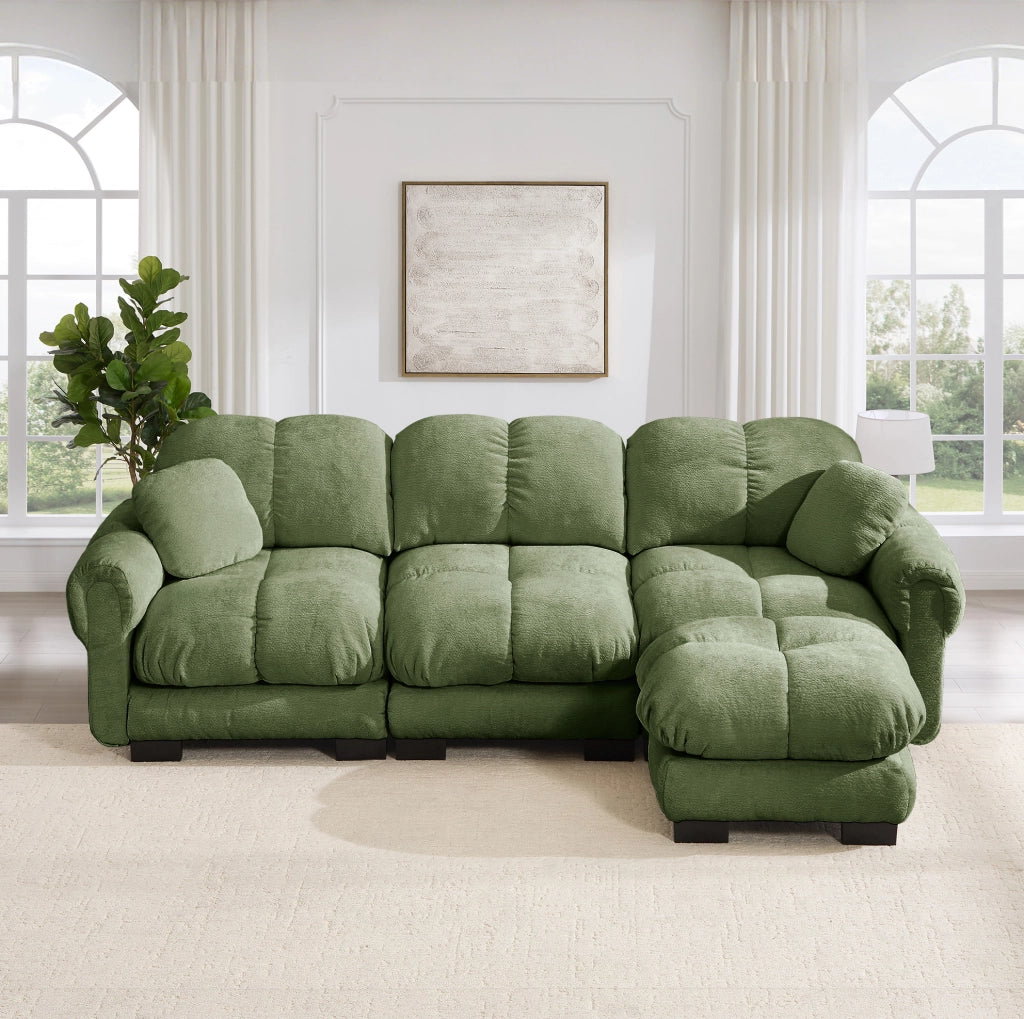 Divano angolare a 3 posti in chenille verde con ottomana mobile e cuscini decorativi