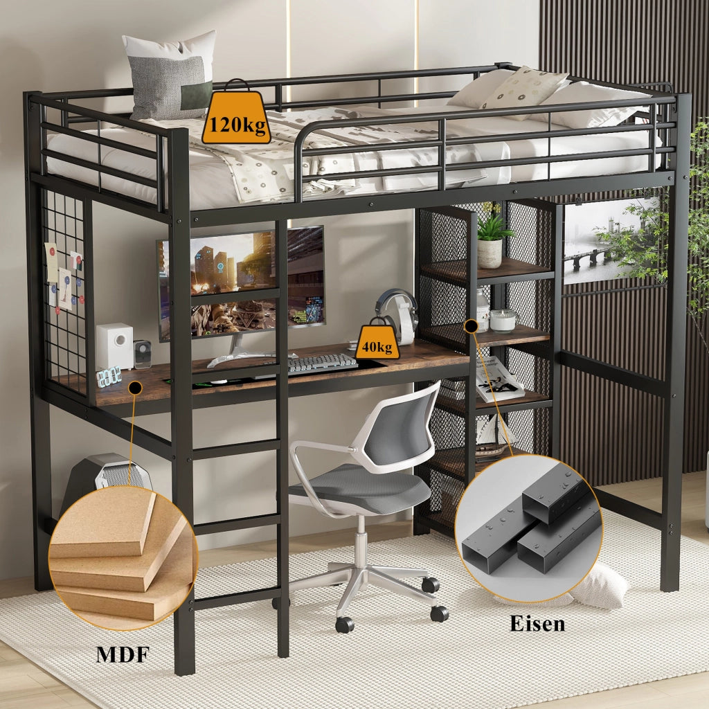 Letto a soppalco 90 × 200 cm con scrivania armadio a cinque ripiani griglia metallica in metallo e MDF nero noce scuro