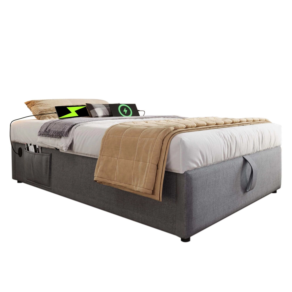 Letto imbottito 90x190 cm con contenitore, USB e Type-C, grigio