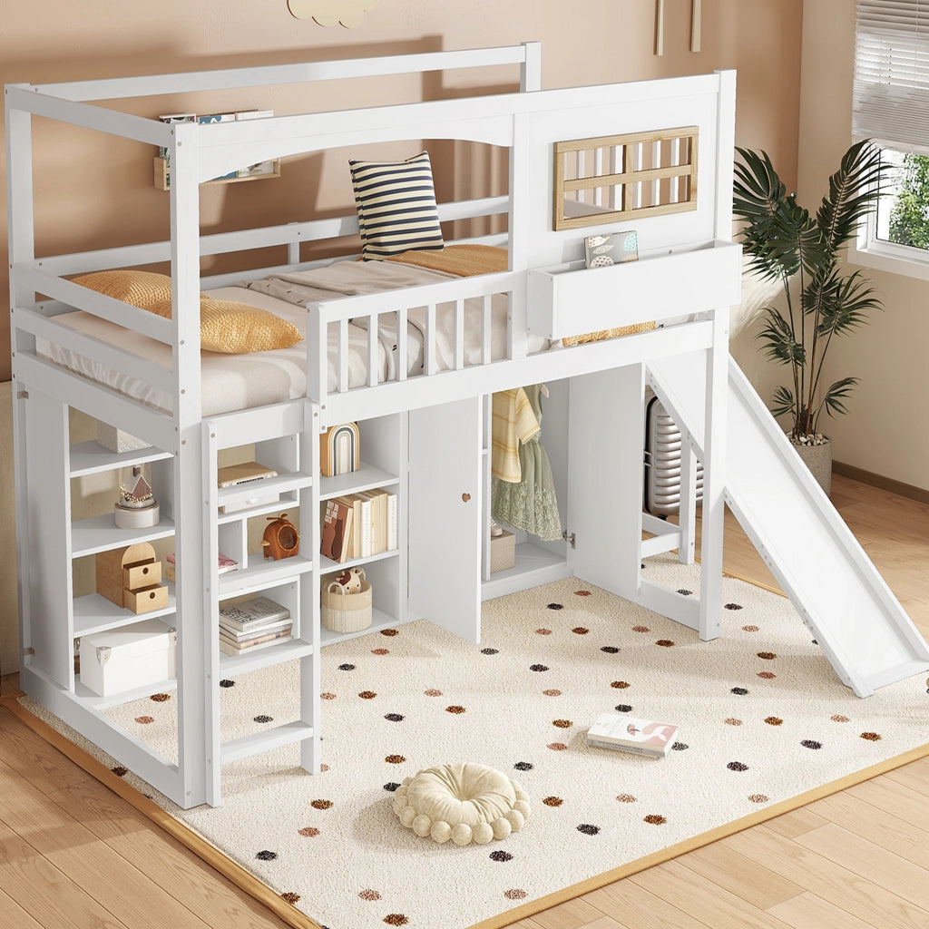 Letto a soppalco per bambini con scivolo; armadio e ripiani; in pino; MDF e compensato; bianco e naturale; 90x200 cm