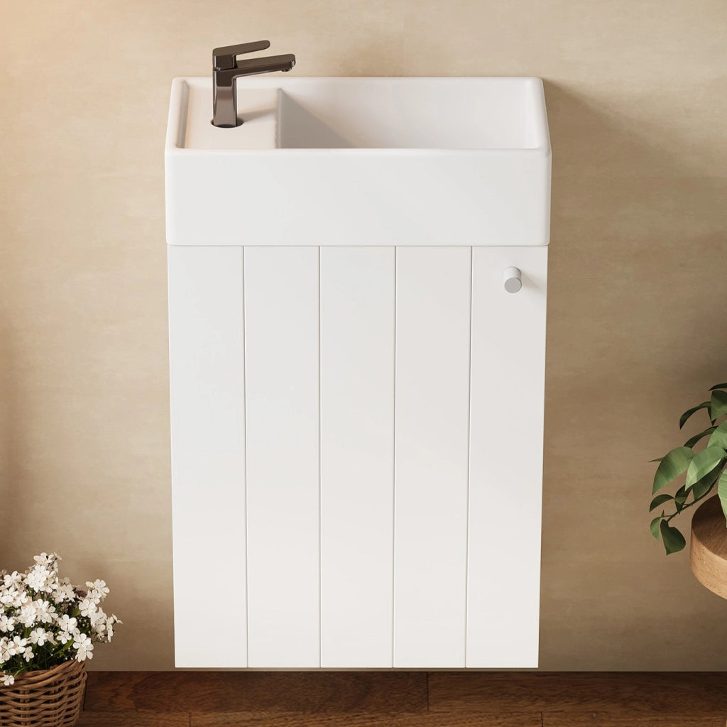 Mobile lavabo sospeso 1 anta con chiusura soft close in ceramica e MDF laccato bianco per bagno