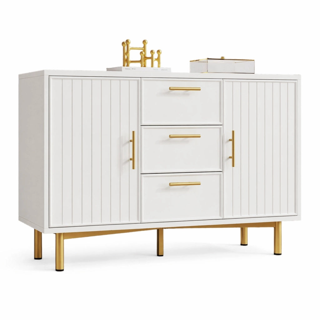 Madia 120x40x75 cm con 2 ante; 3 cassetti e ripiano regolabile in pannello truciolare bianco