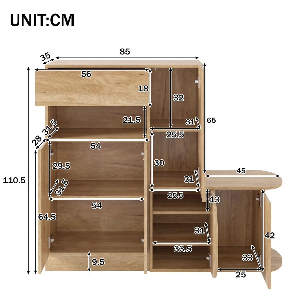 Scarpiera moderna con panca, 1 cassetto, 5 ante e ripiano aperto, grande capacità per ingresso, colore naturale, 130 × 35 × 110,5 cm