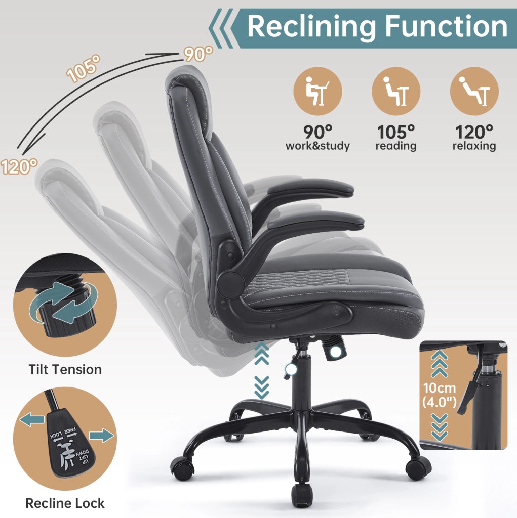 Sedia da ufficio ergonomica con supporto lombare e braccioli ribaltabili in similpelle grigia