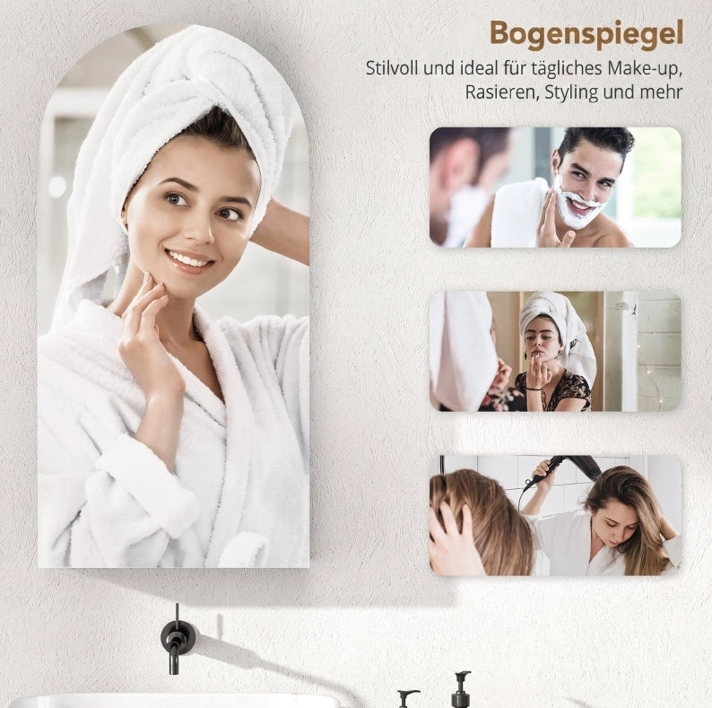 Mobiletto bagno specchiera con specchio ad arco senza cornice, ripiani in vetro regolabili, bianco, 40x12x80 cm