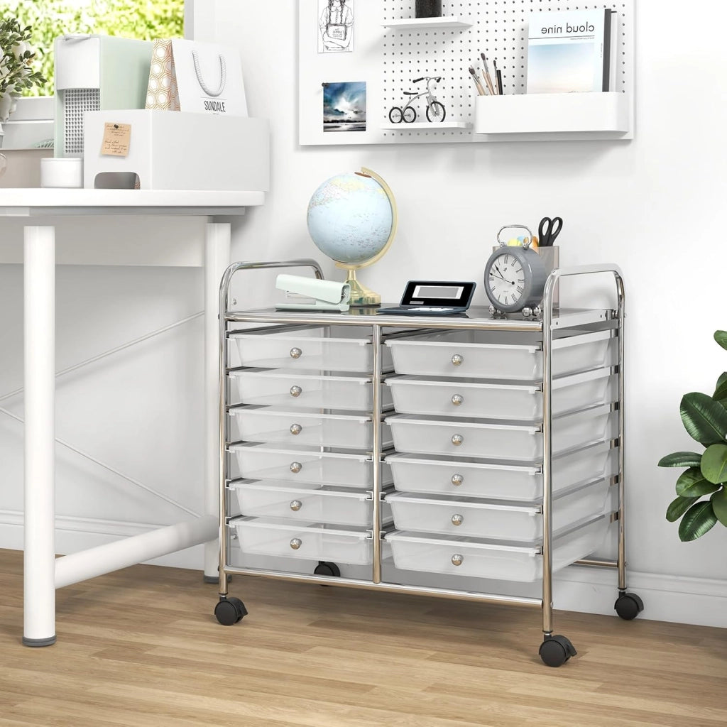 Carrello di Stoccaggio con 20 Cassetti, Carrello portaoggetti con 4 Ruote, Carrello Multiuso per Scuola Ufficio Cucina, 64 x 39 x 88 cm (12 cassetti Trasparente)