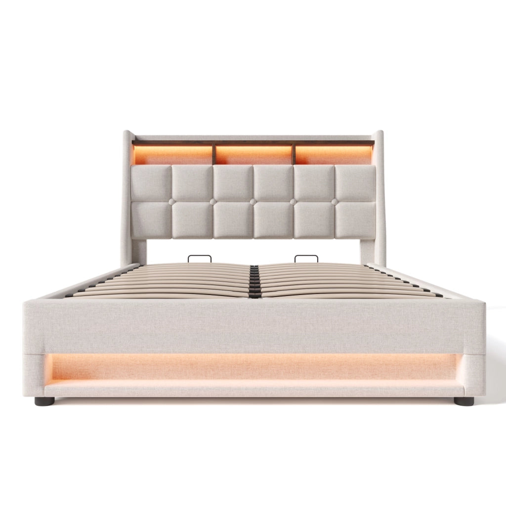 Letto contenitore 160 × 200 cm imbottito con testiera LED USB rete a doghe in legno e metallo beige chiaro