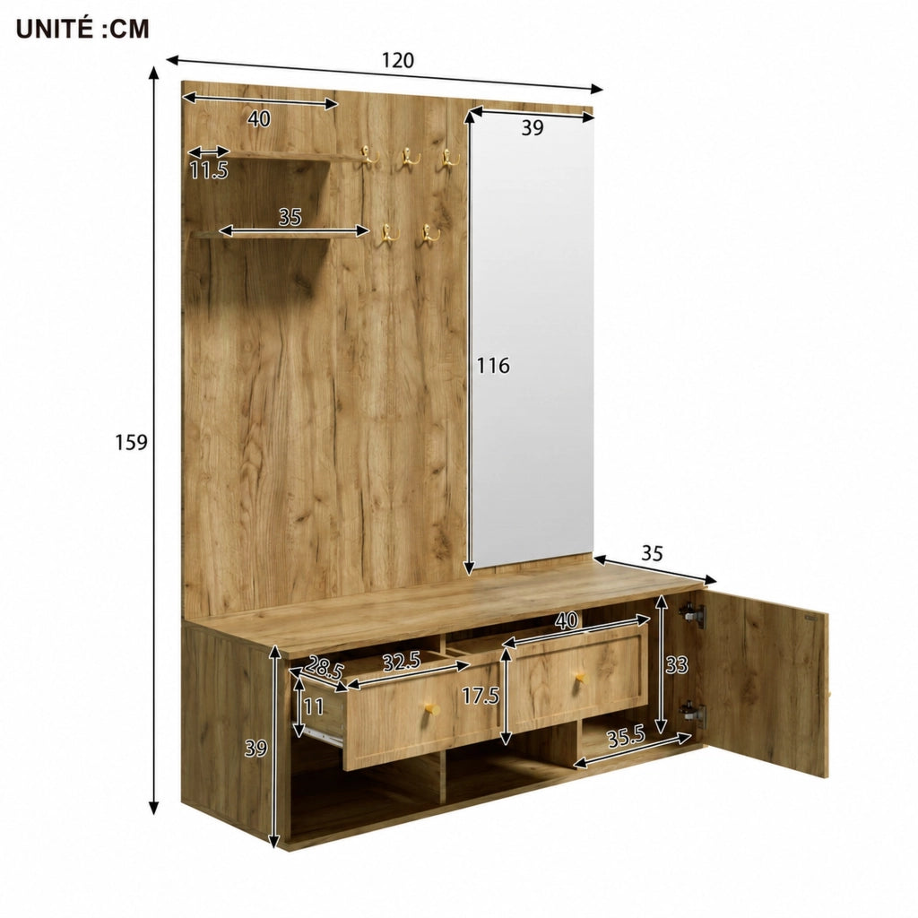 Set guardaroba da ingresso ULEVR 120x35x159 cm con specchio, 5 ganci, 2 cassetti e scarpiera effetto legno