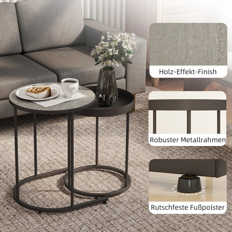 Set di 2 tavolini da salotto impilabili in MDF e metallo grigio, design con bordo alzato