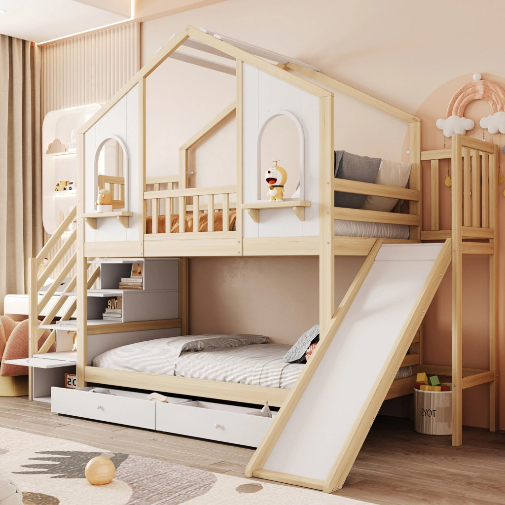 Letto a castello per bambini 90 × 200 cm 2 posti; con scivolo; scala contenitore e cassetti; senza materasso