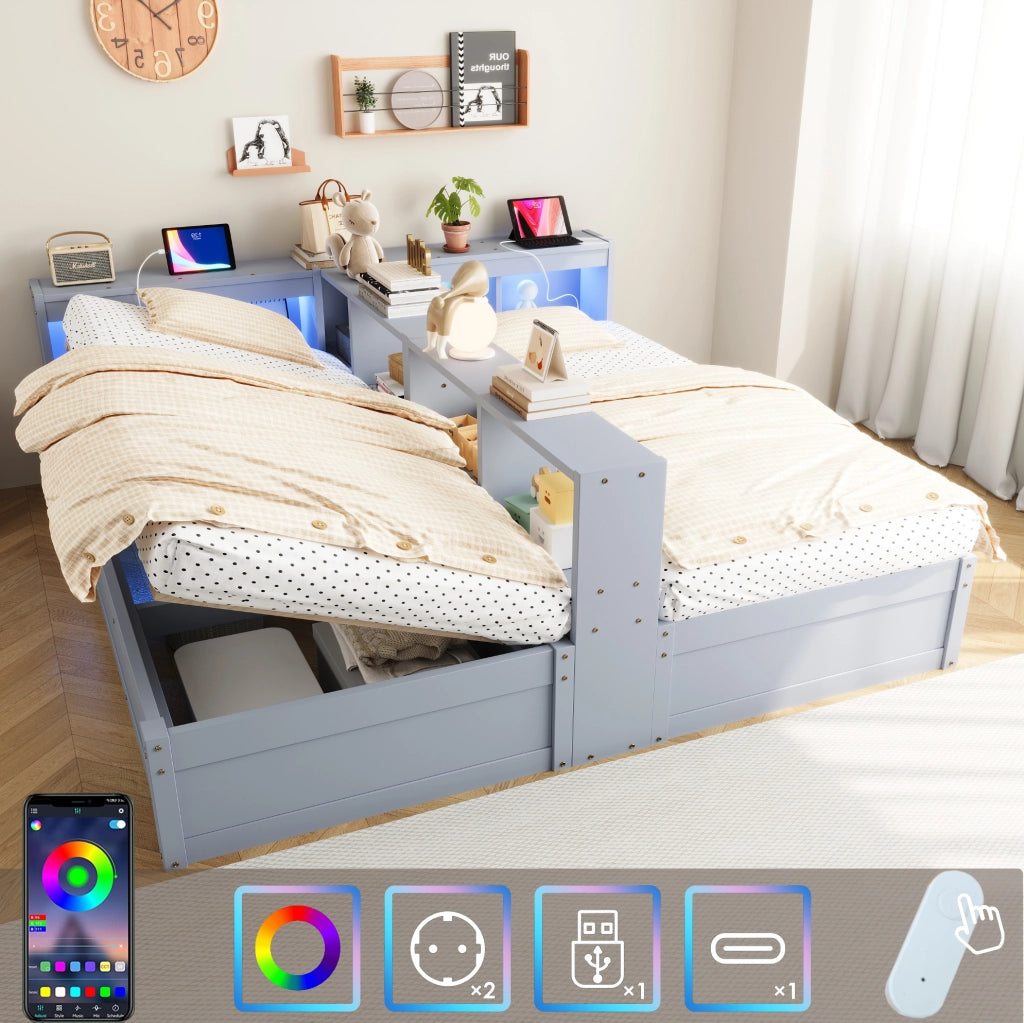 Letto Multifunzionale in Legno Massello 90/180 × 200 cm con Luci LED, Meccanismo Idraulico e Doppia Presa Euro, Grigio