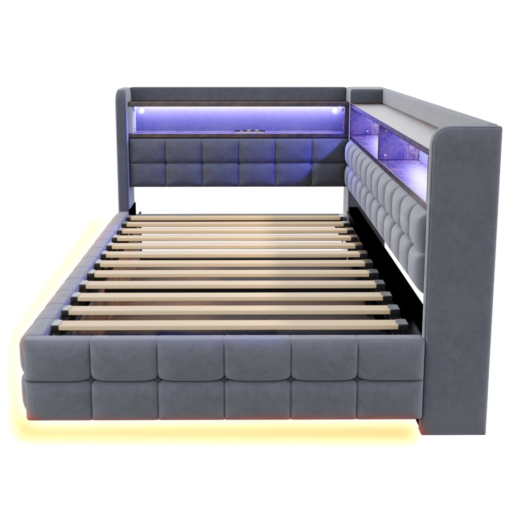 Divano letto 90 × 200 cm con vano contenitore idraulico; ripiani; LED; prese USB e Type-C in velluto grigio chiaro