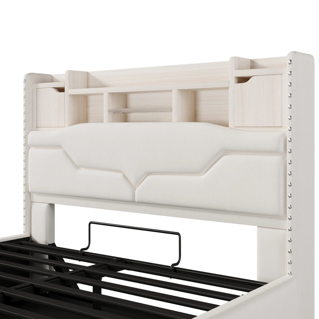 Letto contenitore 140 × 200 cm con sollevamento idraulico; testiera con vano; LED; USB e Type-C; beige