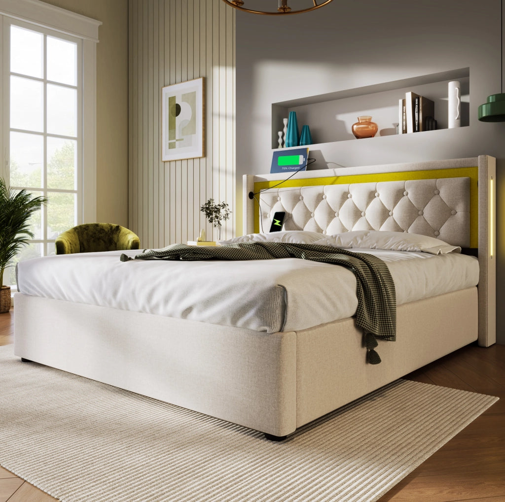 Letto matrimoniale 140x200 cm con contenitore; LED; USB e USB-C in cotone beige