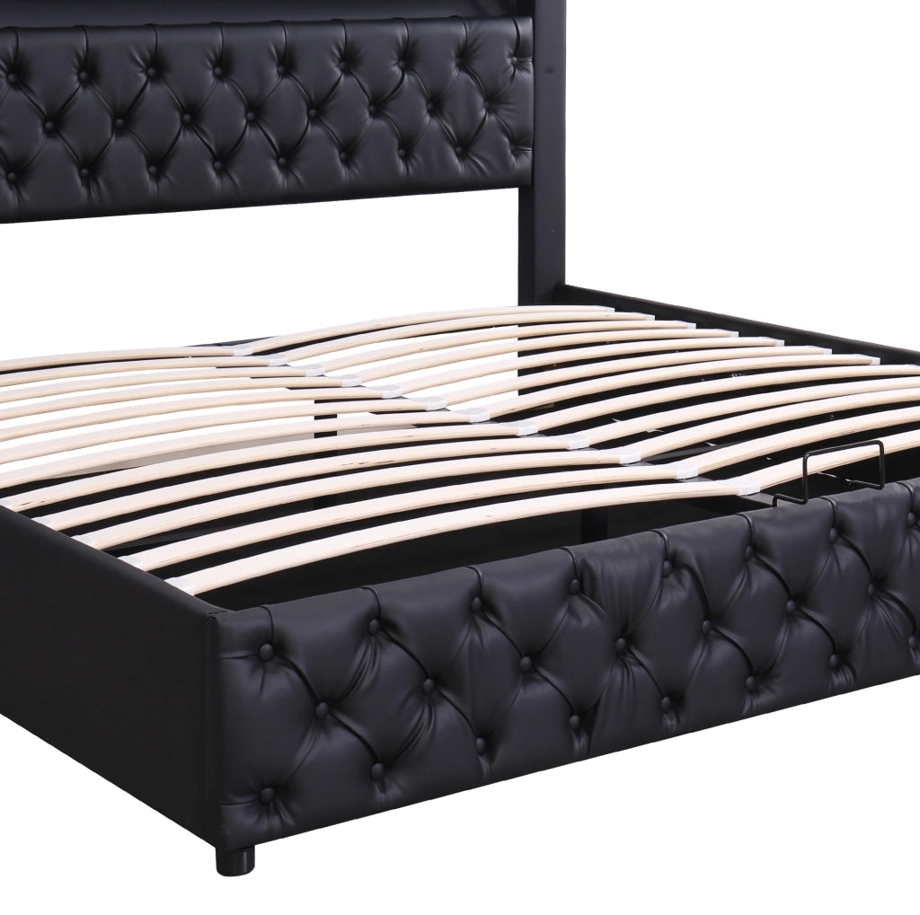 Letto imbottito 160x200 cm con rete, contenitore e LED, nero