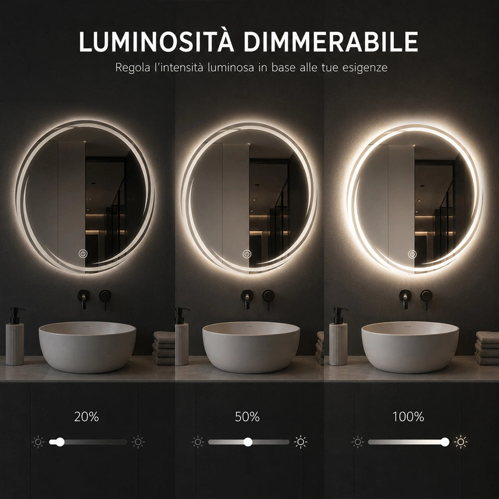 Specchio Tondo Spirale Diametro 70cm Led a 3 Colori Dimmerabile Accensione Touch
