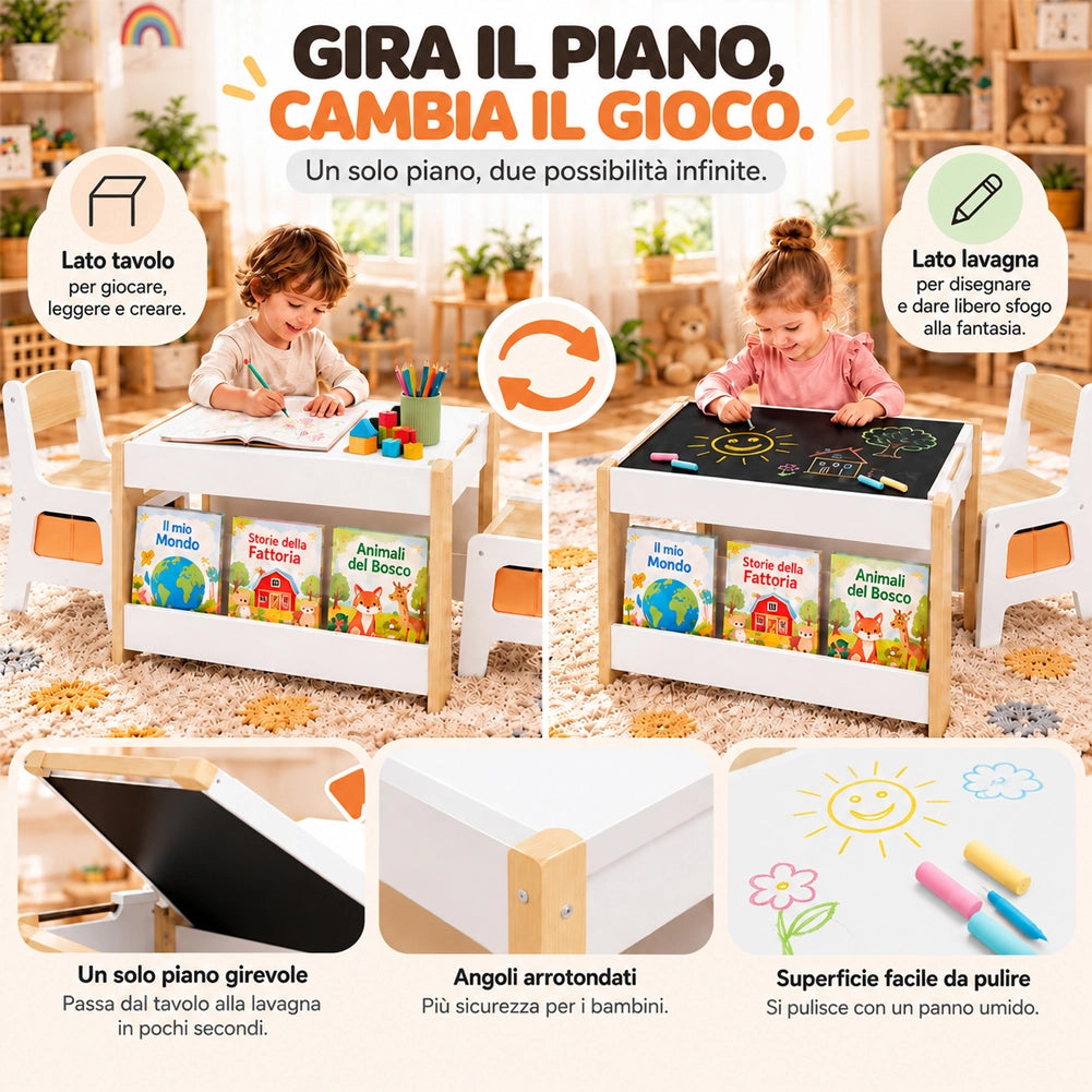 Set Tavolino per Bambini e Sedie 4 in 1 Sedie in Legno Piano Bianco e Arancione
