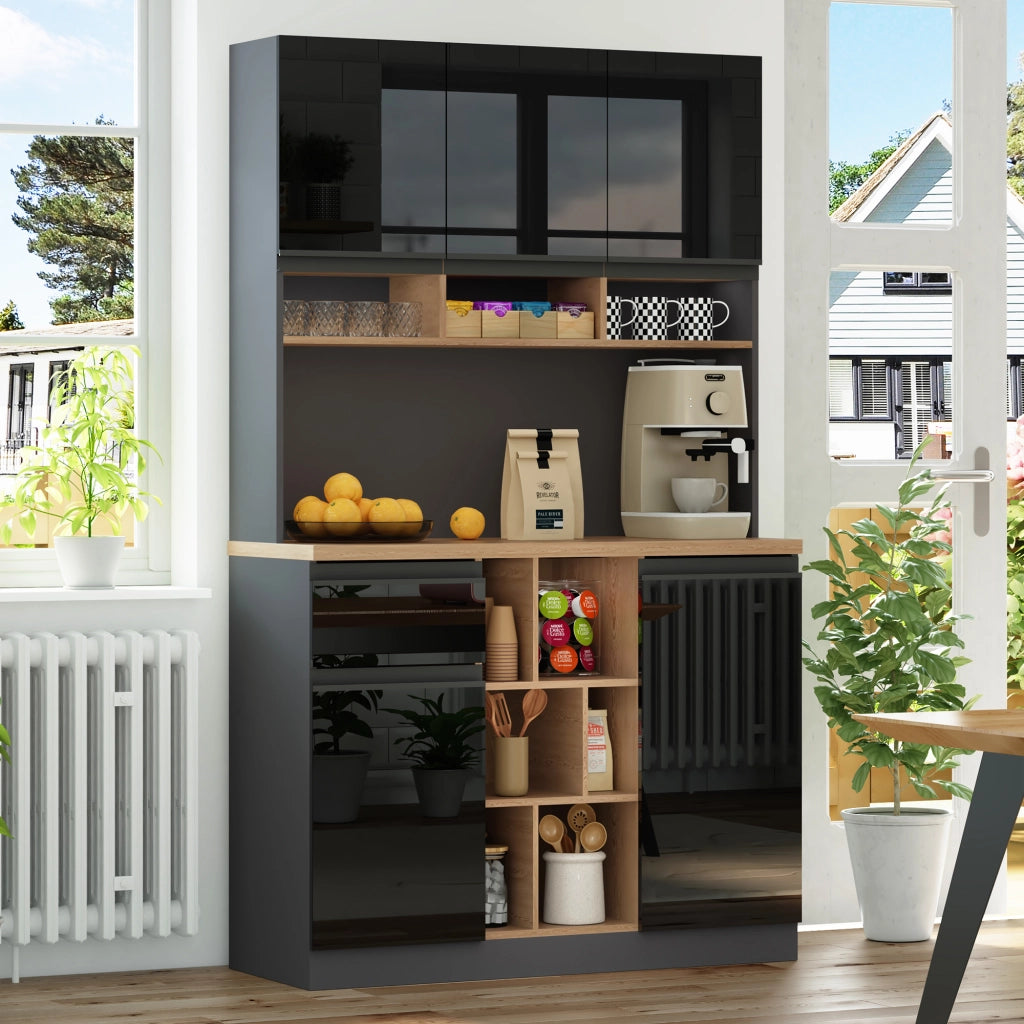 Mobile buffet da cucina con ripiani regolabili e cassetto; nero e naturale