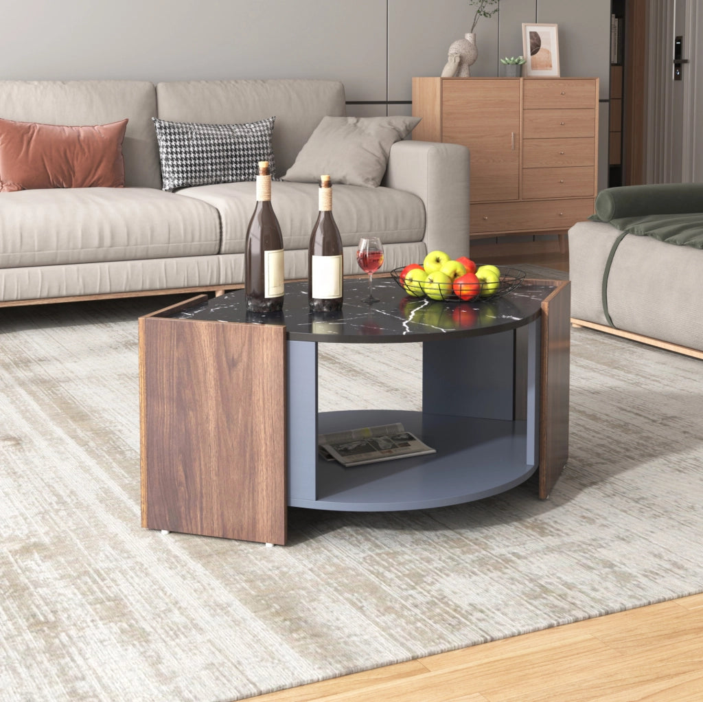 Tavolino da soggiorno con vano contenitore 96;5x63x40 cm; effetto marmo nero e noce